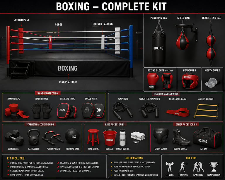 A comprehensive infographic displaying a complete boxing kit including a ring, gloves, and training equipment.