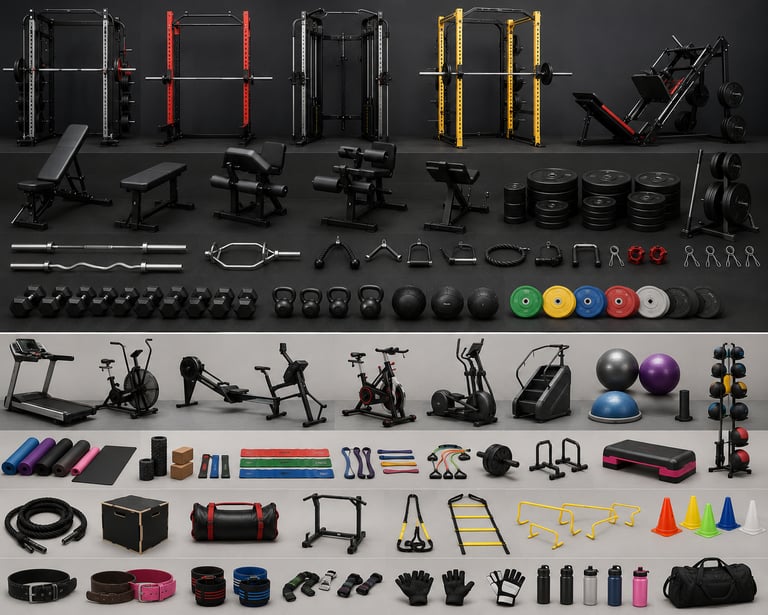 A large collection of gym equipment including power racks, dumbbells, treadmills, and weight plates.