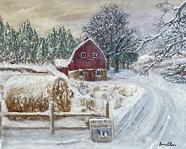 a painting of a barn in the snow