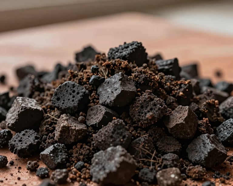 Macro shot of dark biochar granules mixed with moist soil on a rough terracotta surface, visible porous texture of charcoal particles, soft overcast natural window light, earthy burnt sienna and charcoal tones, no people, no text, agricultural documentary close-up