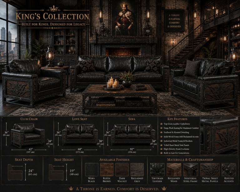 Industrial style King's Collection black top grain leather sofa and club chair set with wood and metal accents.
