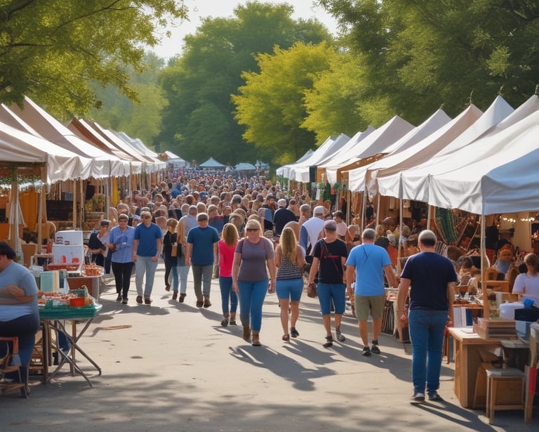 A lively crowd enjoying a local festival with food trucks and live music in the background.
