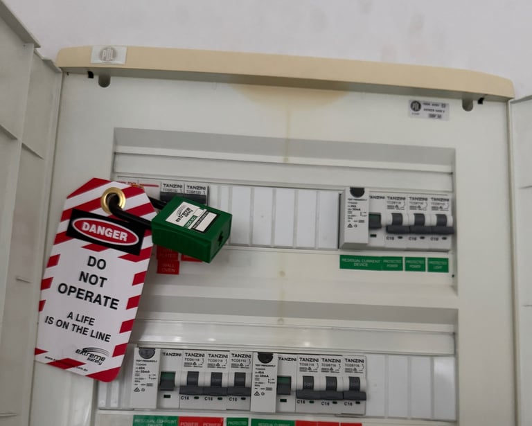Sparky G Ltd 24 o electrician attending Fault on switchboard Lock out tag out safe work procedures