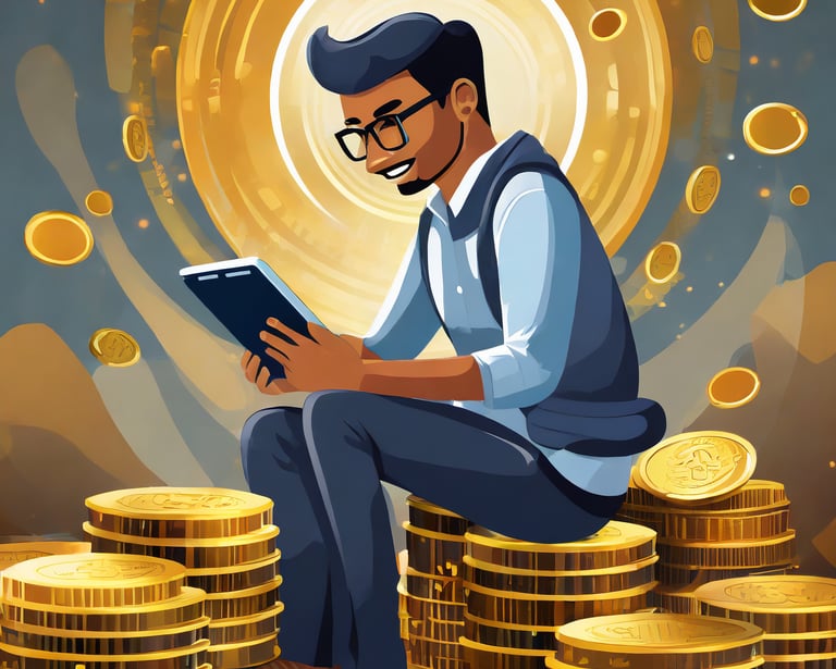 A person sitting on gold and reading eBook in tab