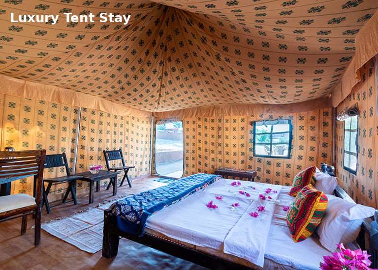 Luxury tent stay in Rishikesh with comfortable bed and traditional interior design