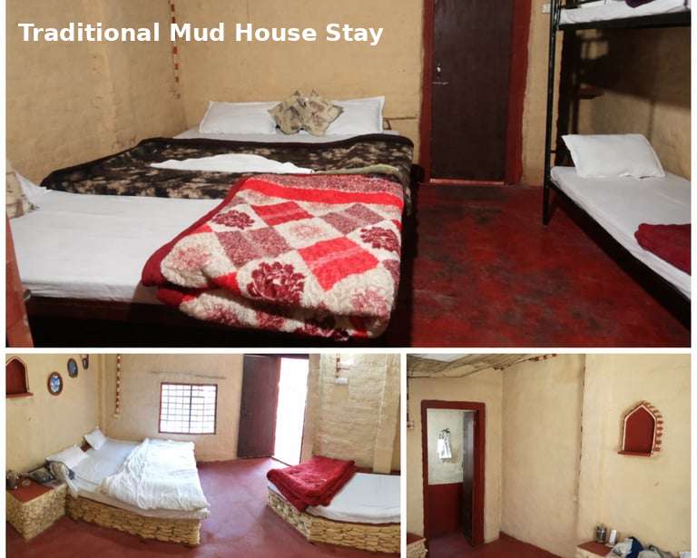 Traditional mud house accommodation at Jungle Lore Resort with rustic interiors