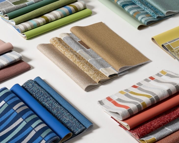 A collection of colorful patterned textile swatches and fabric samples for interior design and upholstery.