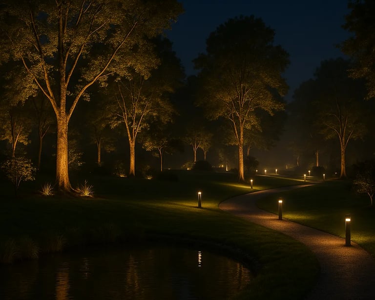 Luxurious night garden with spotlights