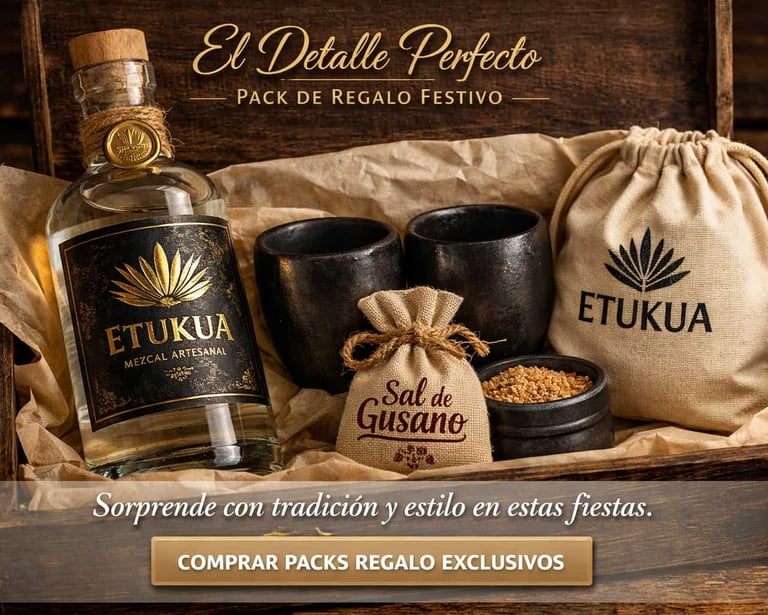 na botella de mezcal artesanal Etukua con una elegante etiqueta especial 