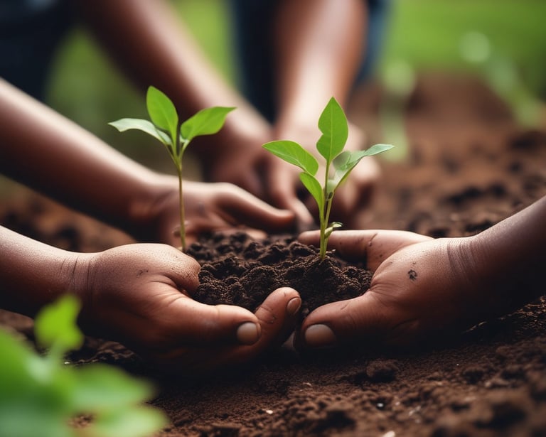 Hands gently spreading organic compost over a garden bed filled with young plants.