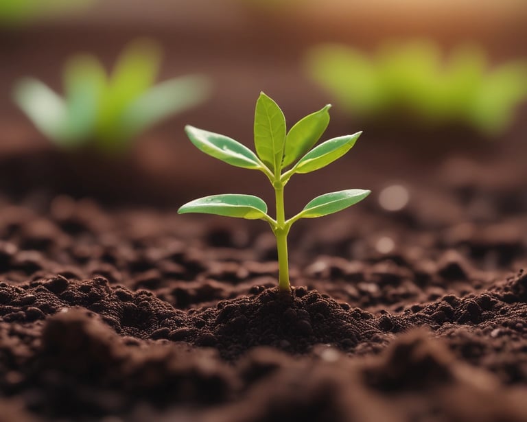 Close-up of rich, dark soil being enriched with natural fertilizer granules under soft sunlight.