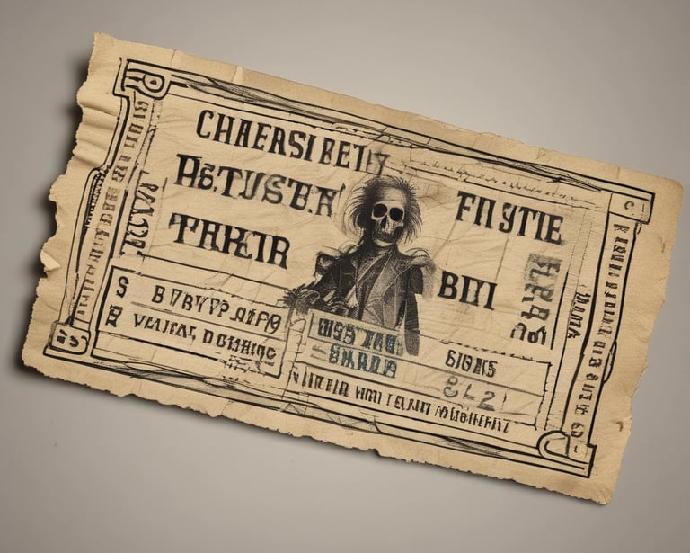 Close-up of a vintage ticket with eerie blood-red lettering on black velvet.