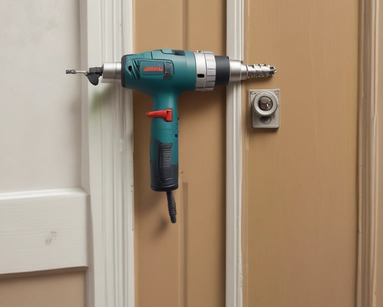 A technician installing a new cylinder lock on a front door in a suburban neighborhood.