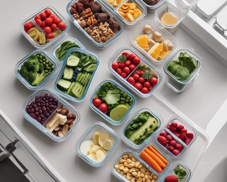 Healthy meal prep with glass containers filled with fresh fruits, vegetables, and nuts on a white counter.