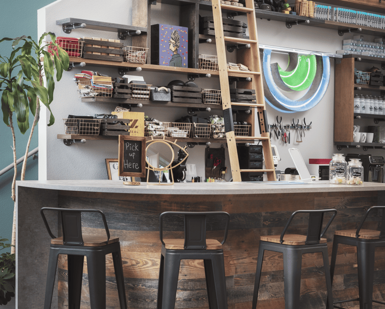 Interior view of Edge Optics Fort Collins location, with chairs and eyeglass repair tools
