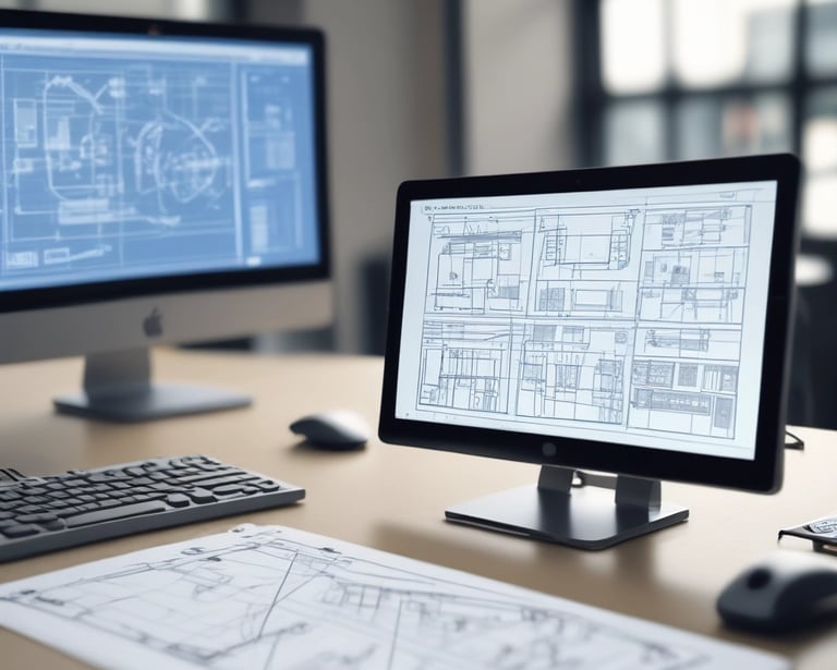 CAD-Arbeitsplatz mit technischen Zeichnungen für CNC-Projektplanung und Arbeitsvorbereitung