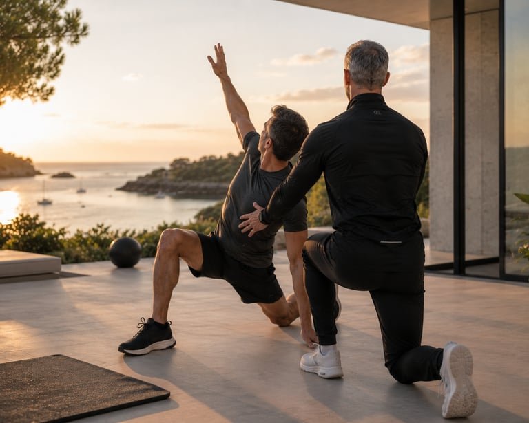 Coach sportif premium accompagnant un dirigeant lors d’un exercice de mobilité fonctionnelle face au Golfe du Morbihan