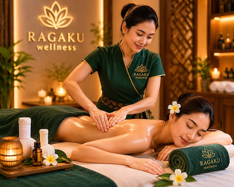 Professional massage therapist performing a relaxing oil back massage at Ragaku Wellness spa.
