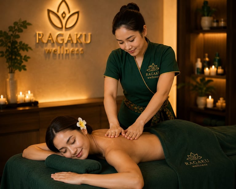 A smiling woman receives a relaxing back massage from a therapist at Ragaku Wellness luxury spa.