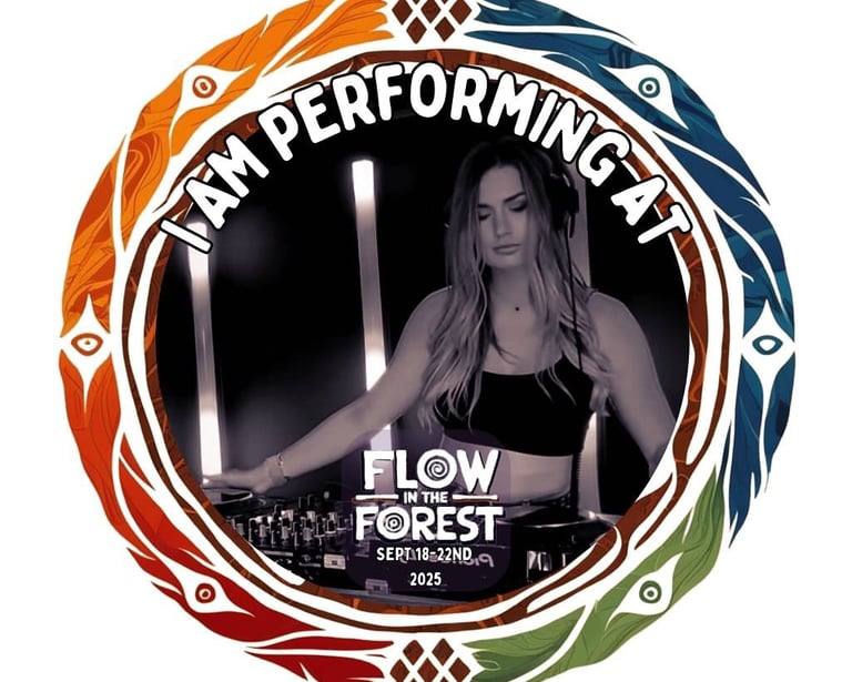 Kat Bendis at Flow in the Forest 2025 music festival promotional flyer 