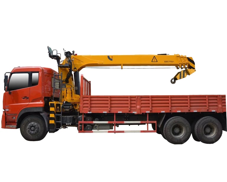  A 10 ton Telescopic Boom Truck Mounted Crane with 4 section arms on a white background.