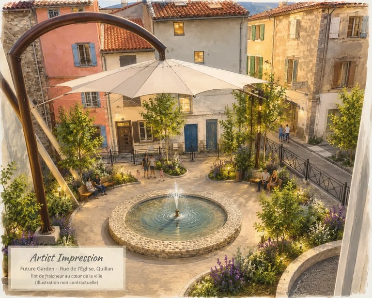 Illustration du futur jardin paysager en cours d'aménagement rue de l'Église à Quillan avec espaces