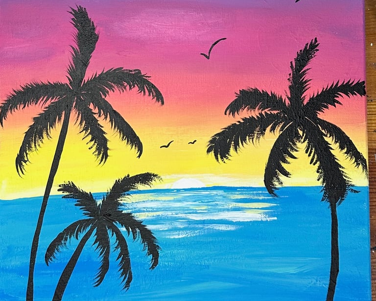 Beachy sunset painting from a paint and sip in Cozumel