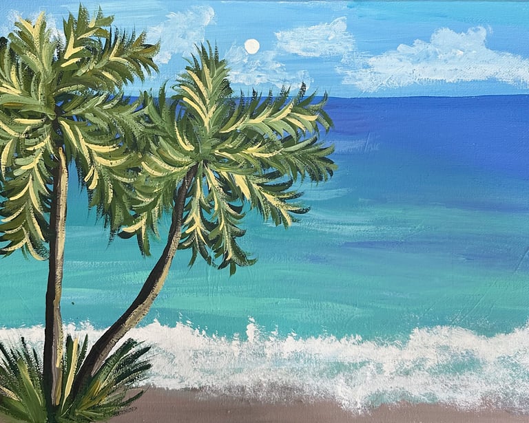Guests painting Day at the Beach at a Cozumel paint and sip