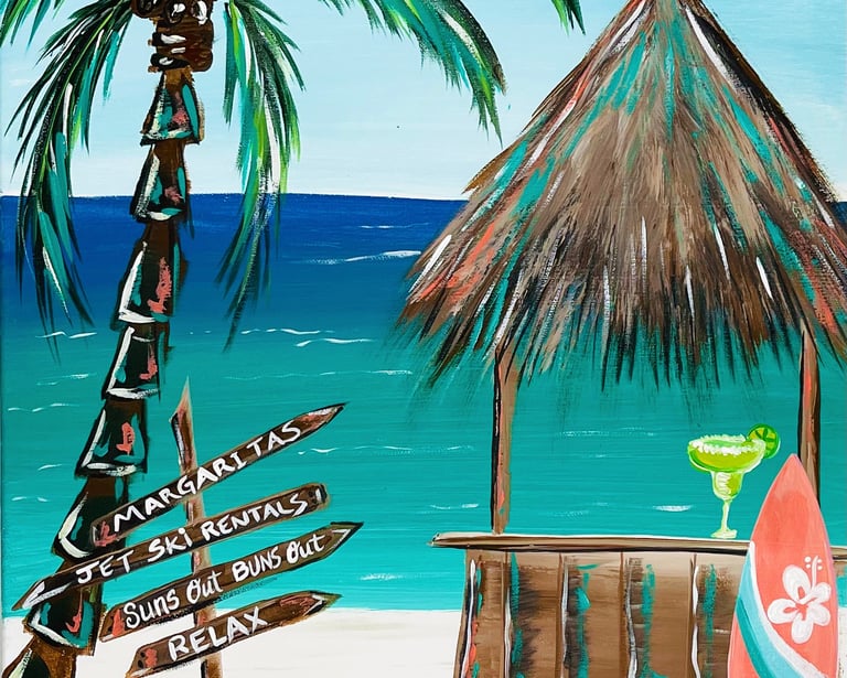Guests painting Summer Paradise online with Margaritas and Masterpieces