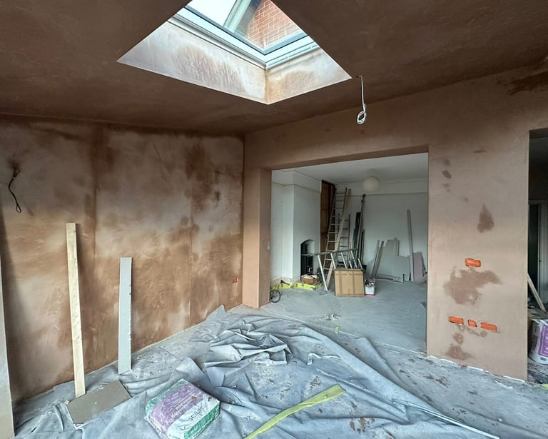 Walls and ceilings plastered using multi finish plaster.