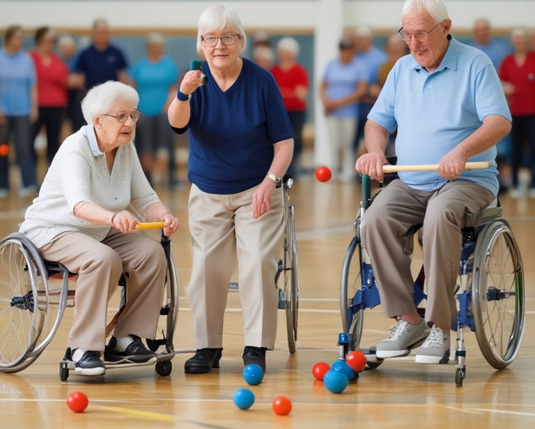 A wheelchair-accessible sign is mounted on a curved metal frame. The background features a partly sunny outdoor scene with trees, a structure with a sloped roof, and a clear sky.