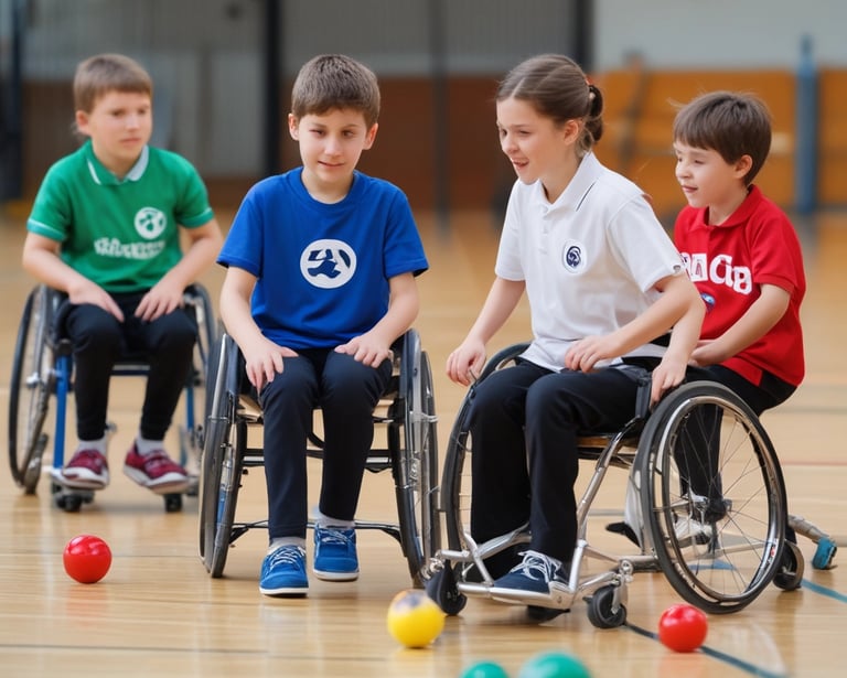A blue beach wheelchair with large yellow wheels is positioned on a sandy shoreline. People are walking in the background near the water, and a large sand dune covered with patches of greenery is visible behind a row of beach houses.