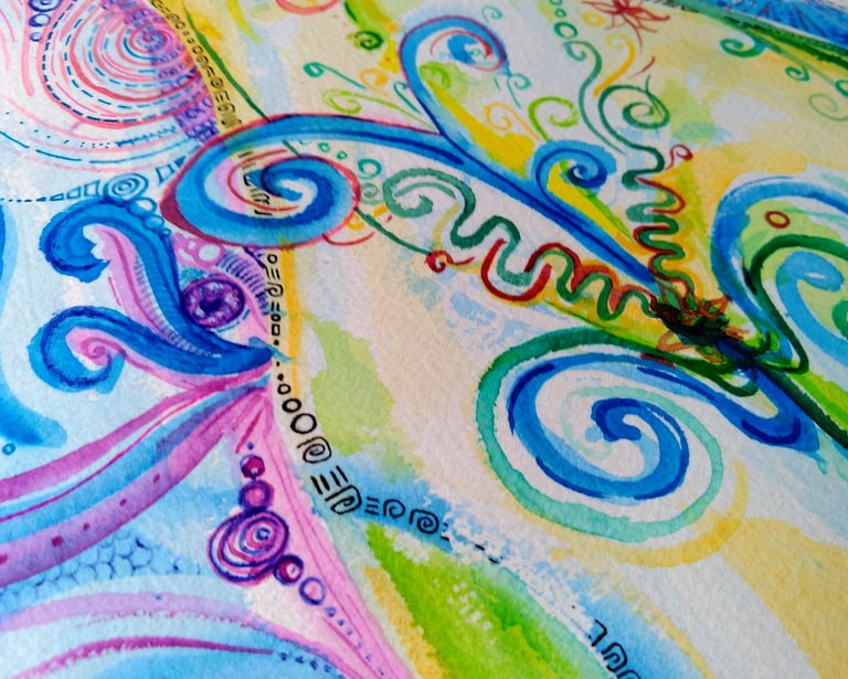 aquarelle représentant un corps à la limite du concret, vibrant et joyeux; Couleurs vers, bleus et violets.