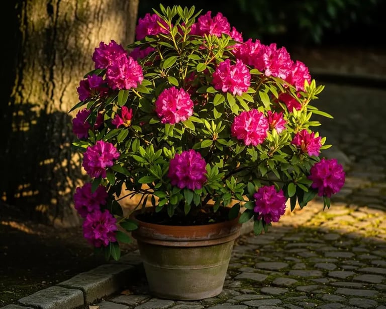 rododendro fucsia en maceta clásica de terracota
