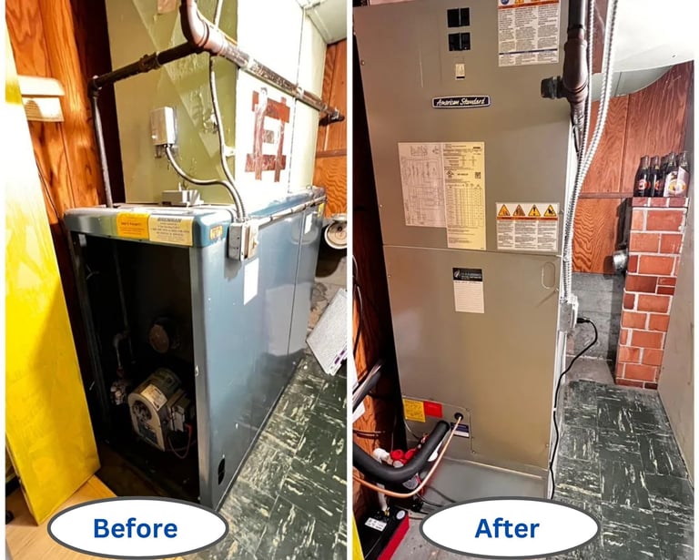 A Comparison photo with one of our furnace installation with Before and After Display