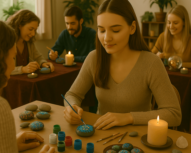 personne en train de peindre un mandala directement sur un galet, entourée d’un petit groupe 