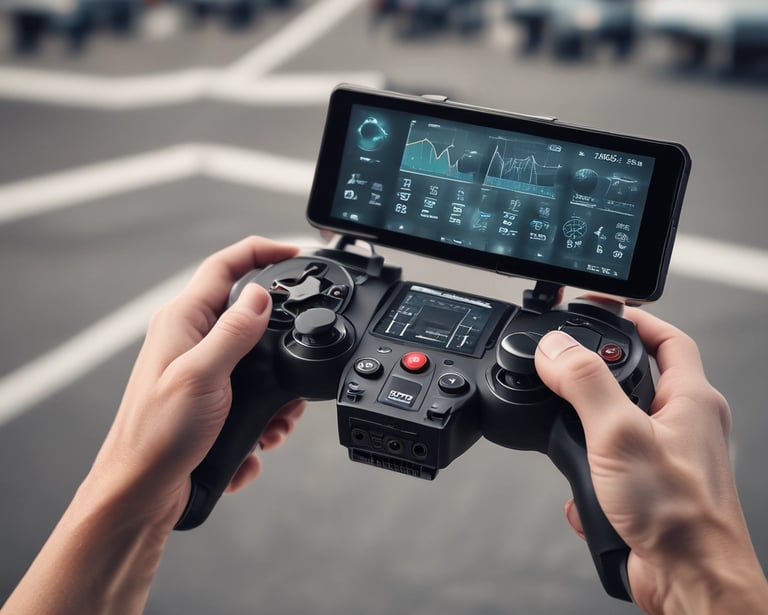 Operator controlling a drone remotely with a tablet, monitoring live video feed of infrastructure