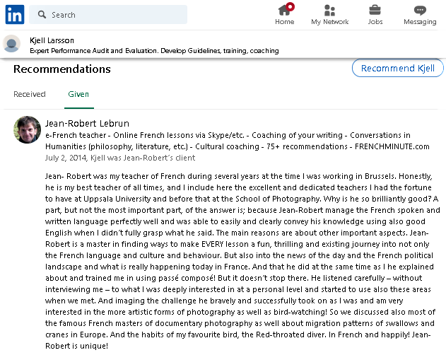 Exemple 2 de recommandation (en anglais) postée pour le professeur de français Jean-Robert Lebrun