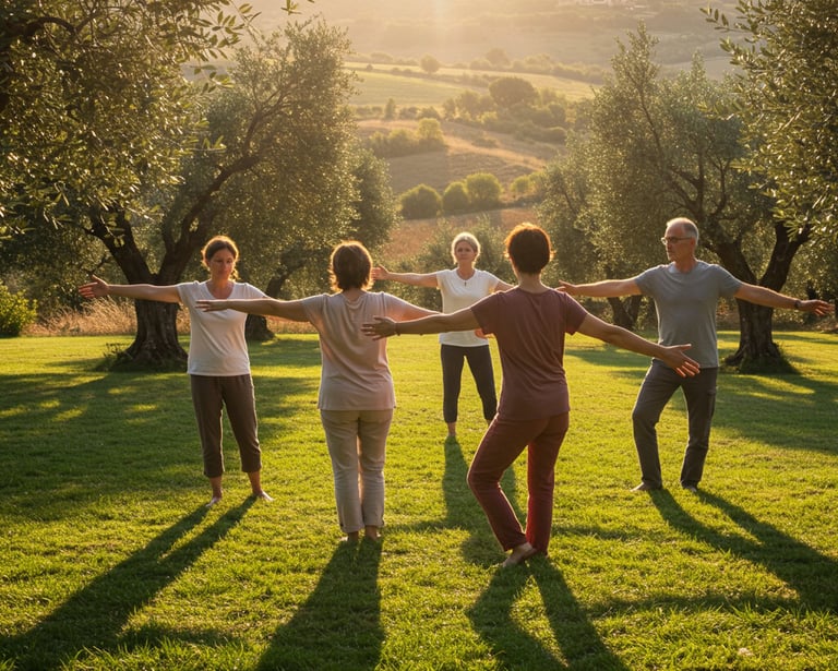 Grupo practicando Qigong y postura del árbol en entorno natural
