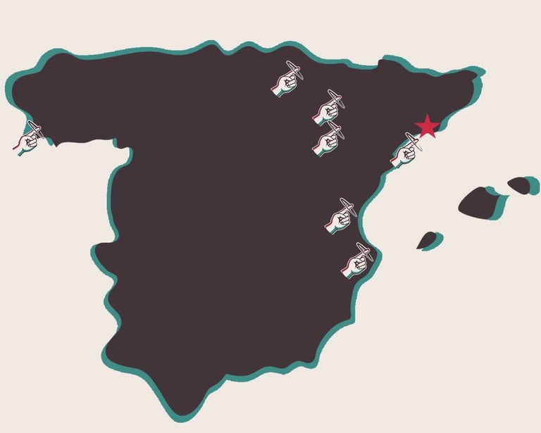 Mapa de la península española con dedos apuntando las comunidades que forman parte de Shag Around