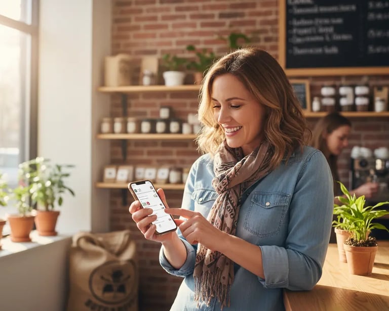 A woman smiles while checking social media comments for her small business
