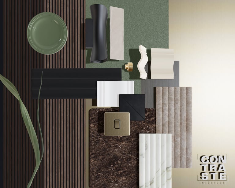 Moodboard chaleureux avec une touche de couleur verte, par Mattoboard