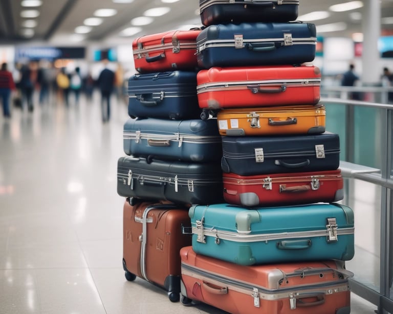 a pile of luggage at the airport