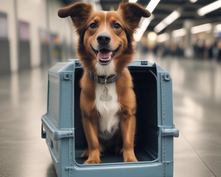 a dog smiling in a cage on its way to the hold
