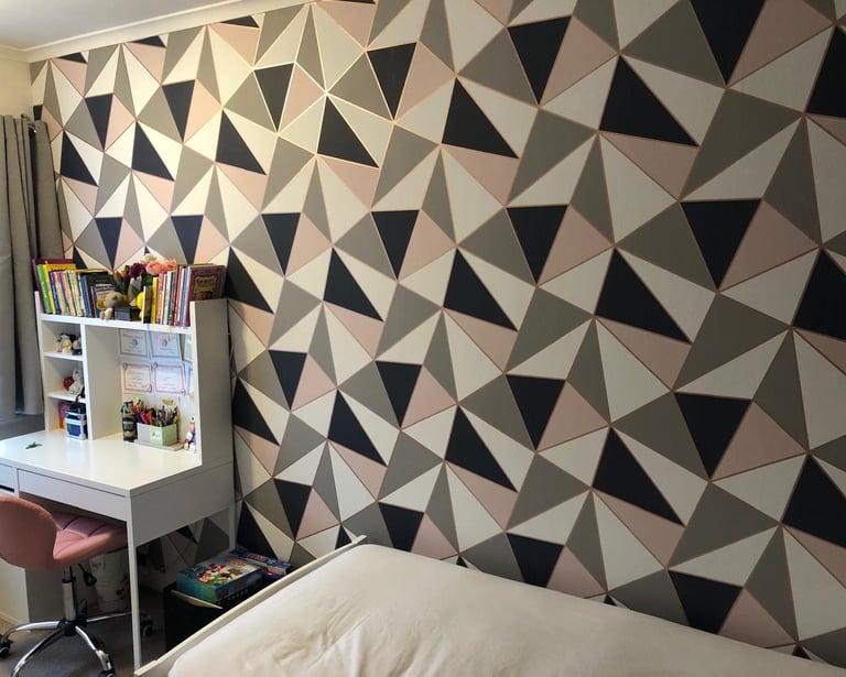 Geometric bedroom feature wall in Brighton Sussex, modern patterned interior design