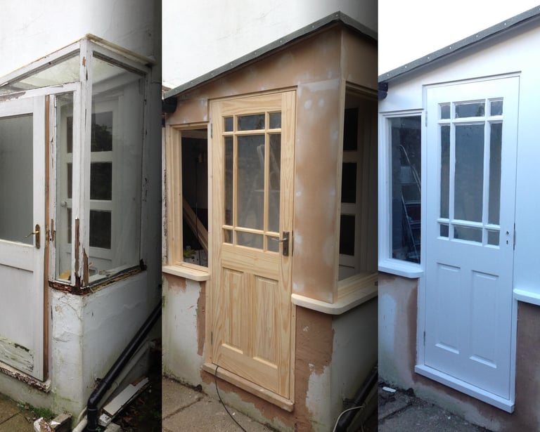 Before and after of a Brighton timber porch renovation and wooden door installation with white paint finish.