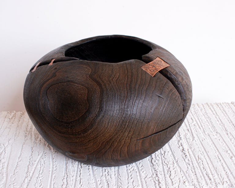 Cherry wood turned bowl. Copper repair. Charred and waxed wooden vessel.