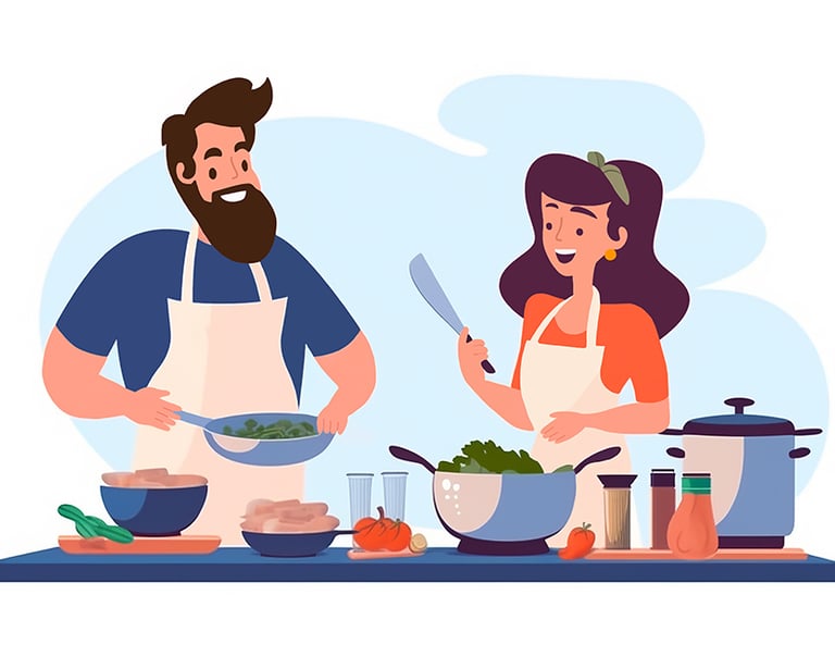 a man and woman cooking happily together in a kitchen