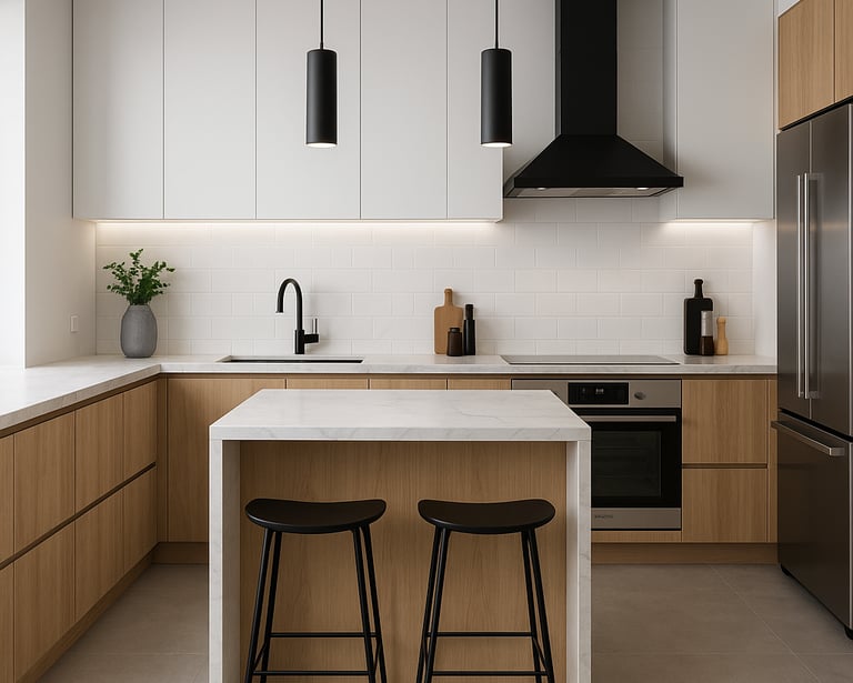 cocina moderna y minimalista, recien restaurada con baldosas blancas, encimeras de manera 