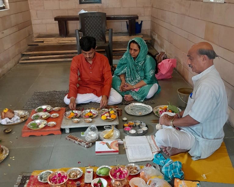 Young yajaman couple performing Matrugaya Pooja with Pandit Daxesh and complete samagri at Bindu Sarovar Siddhpur